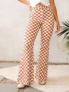 Checkered Flare Jeans Size 14 Y2K Retro Wide Leg Brown White Denim